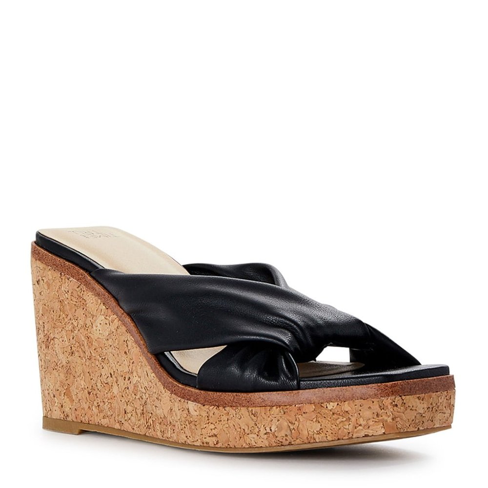 Time and Tru Womens Wedge Sandals Twist Cork Platform Slides Open Toe Black